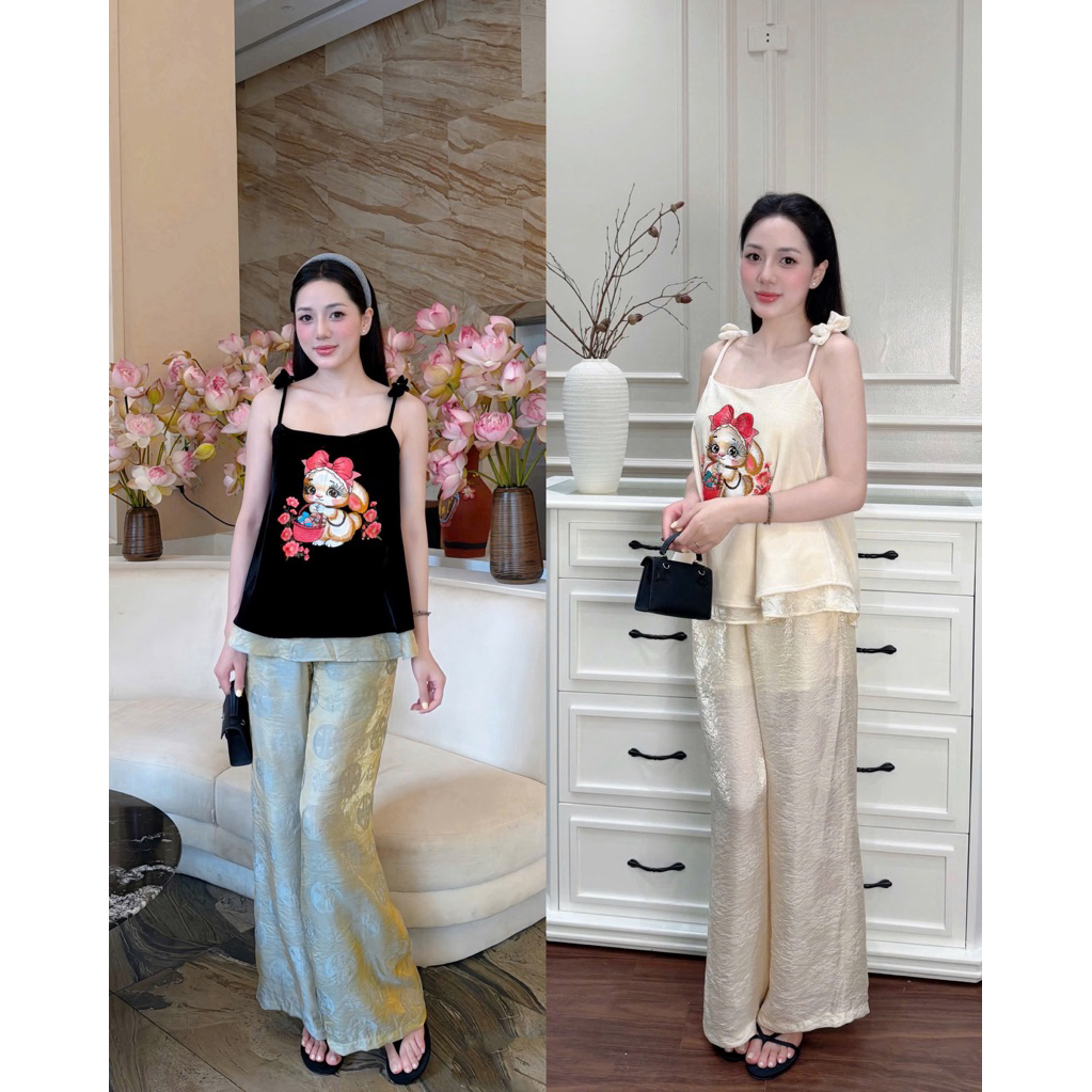 SÉT ÁO NHUNG NƠ THÊU THỎ + QUẦN LỤA